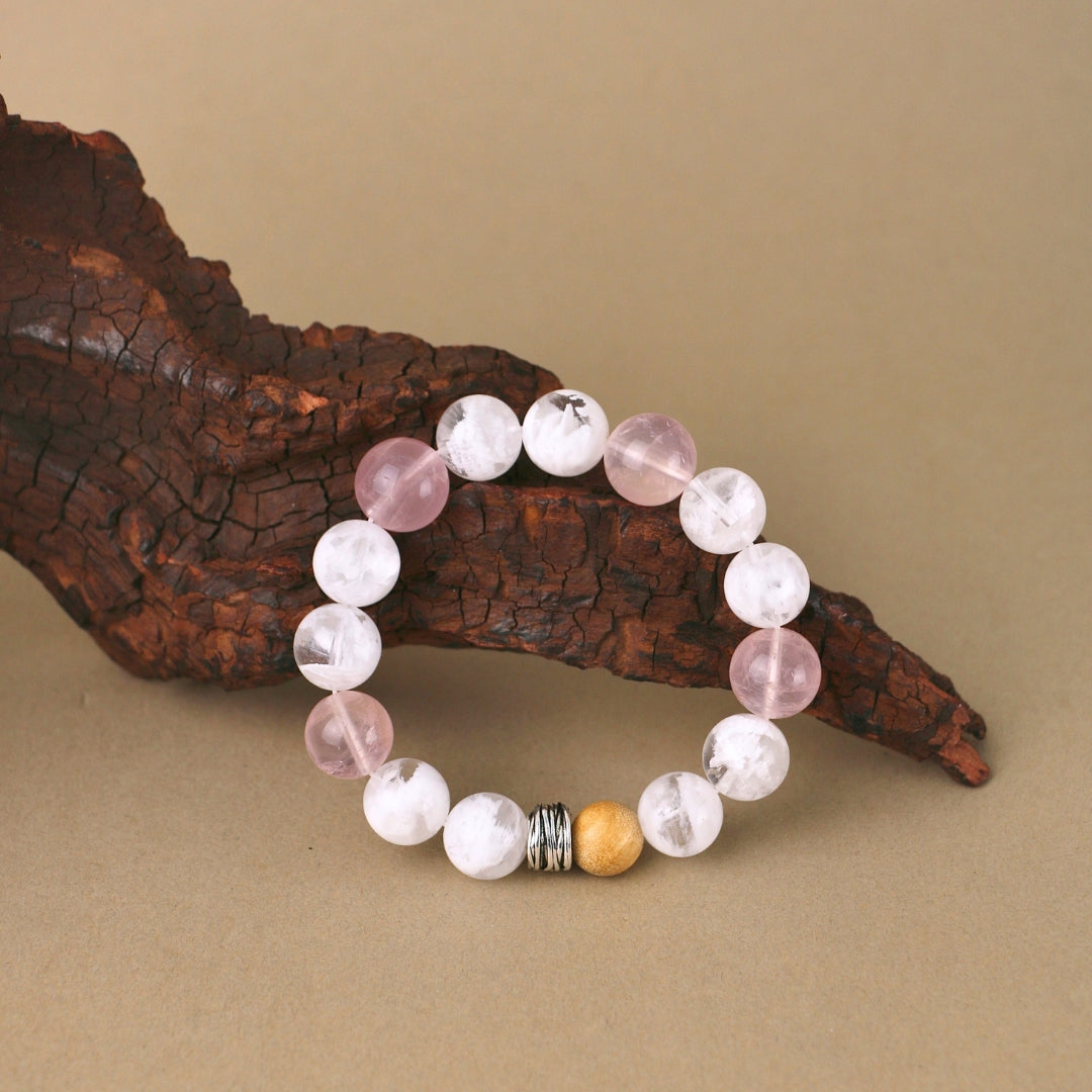 Blush in Snowlight - Snowflake Phantom Quartz, Rose Quartz & Sandalwood Bracelet