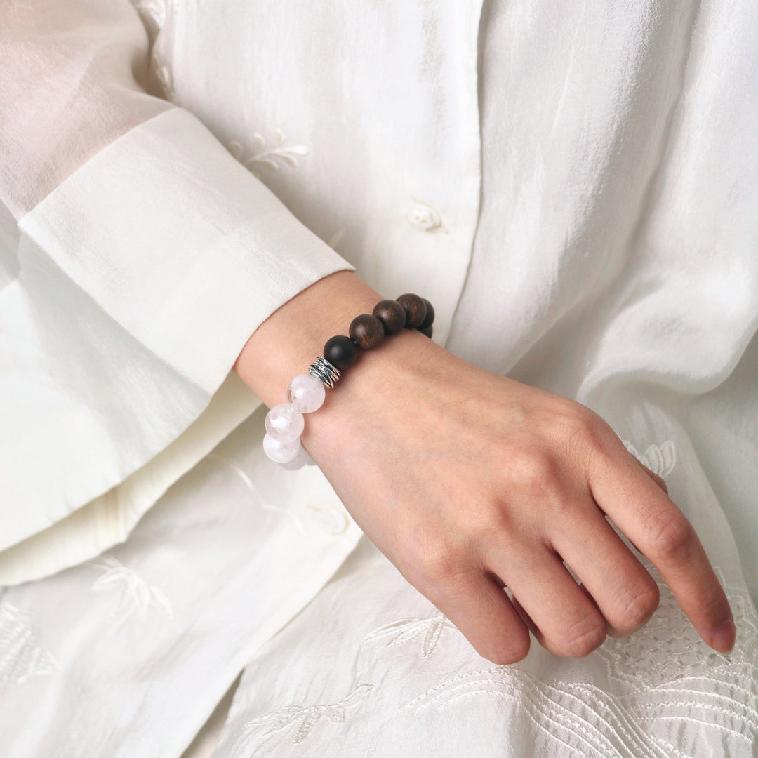 Snowveil Serenity - Snowflake Phantom Quartz & Sandalwood Bracelet