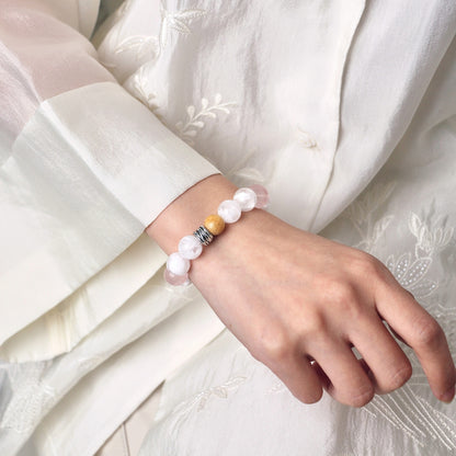 Blush in Snowlight - Snowflake Phantom Quartz, Rose Quartz & Sandalwood Bracelet