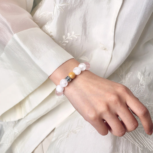 Blush in Snowlight - Snowflake Phantom Quartz, Rose Quartz & Sandalwood Bracelet