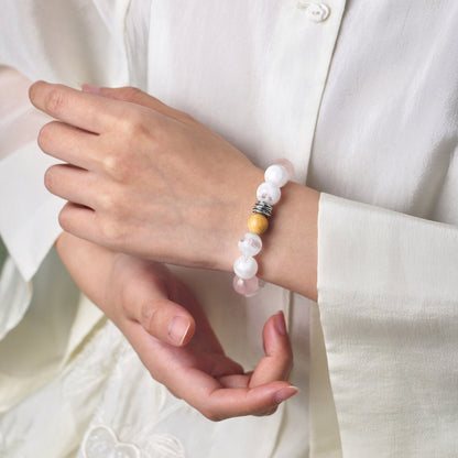 Blush in Snowlight - Snowflake Phantom Quartz, Rose Quartz & Sandalwood Bracelet
