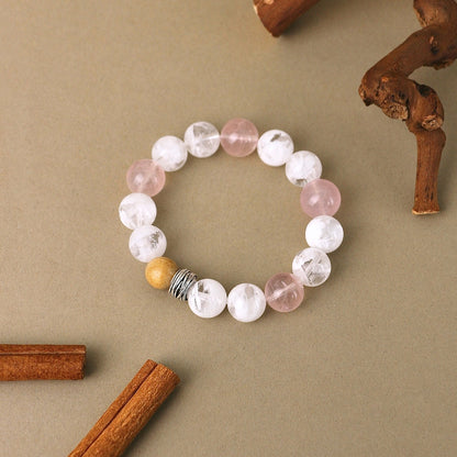 Blush in Snowlight - Snowflake Phantom Quartz, Rose Quartz & Sandalwood Bracelet