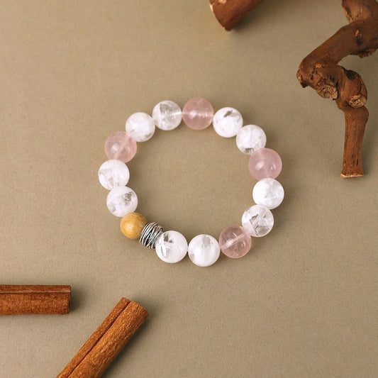 Blush in Snowlight - Snowflake Phantom Quartz, Rose Quartz & Sandalwood Bracelet