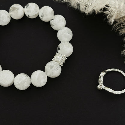 Frost Whisper - Snowflake Phantom Quartz & Silver Bracelet