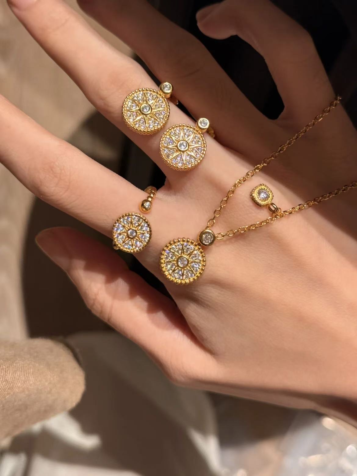 Golden Halo – 18K Gold Plated Sterling Silver Necklace, Earrings & Adjustable Ring