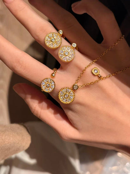 Golden Halo – 18K Gold Plated Sterling Silver Necklace, Earrings & Adjustable Ring