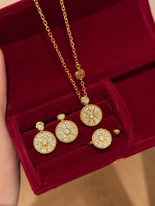 Golden Halo – 18K Gold Plated Sterling Silver Necklace, Earrings & Adjustable Ring