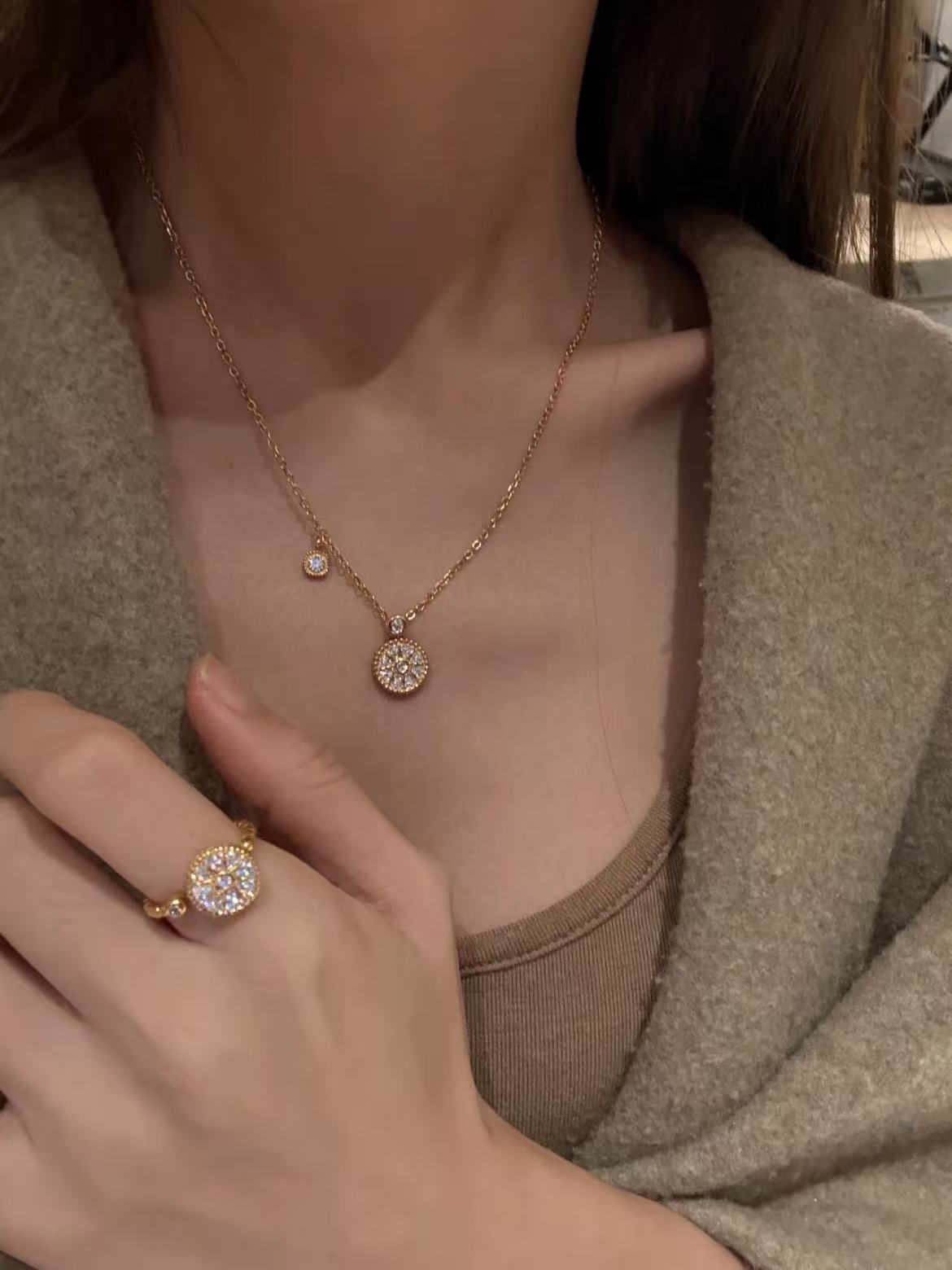 Golden Halo – 18K Gold Plated Sterling Silver Necklace, Earrings & Adjustable Ring