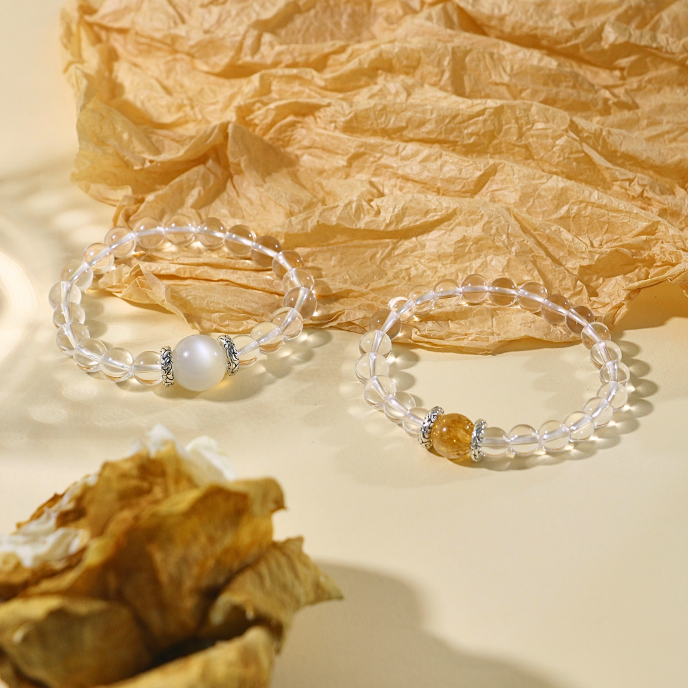 Iris & Ophelia - Pure Clear Quartz, Golden Azeztulite & Moonstone Stacking Bracelets