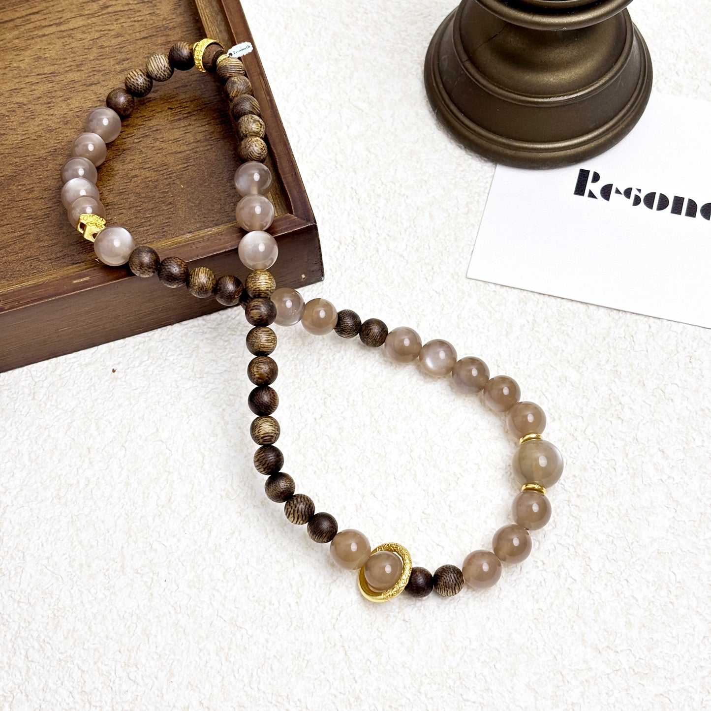 Lunar Oud - Grey Moonstone & Agarwood Bracelet