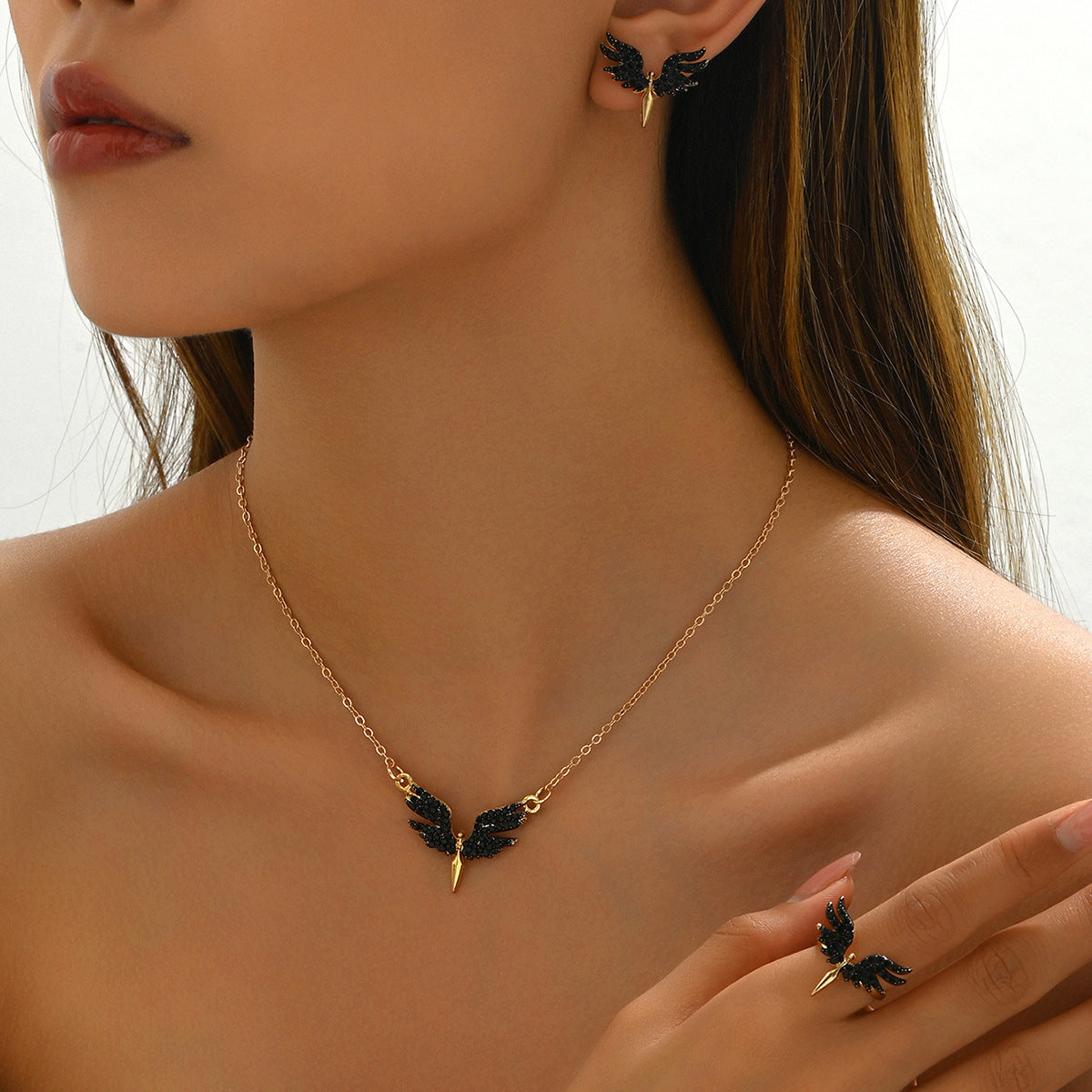 Midnight Wing Trio Set – Necklace, Ring & Earrings Set