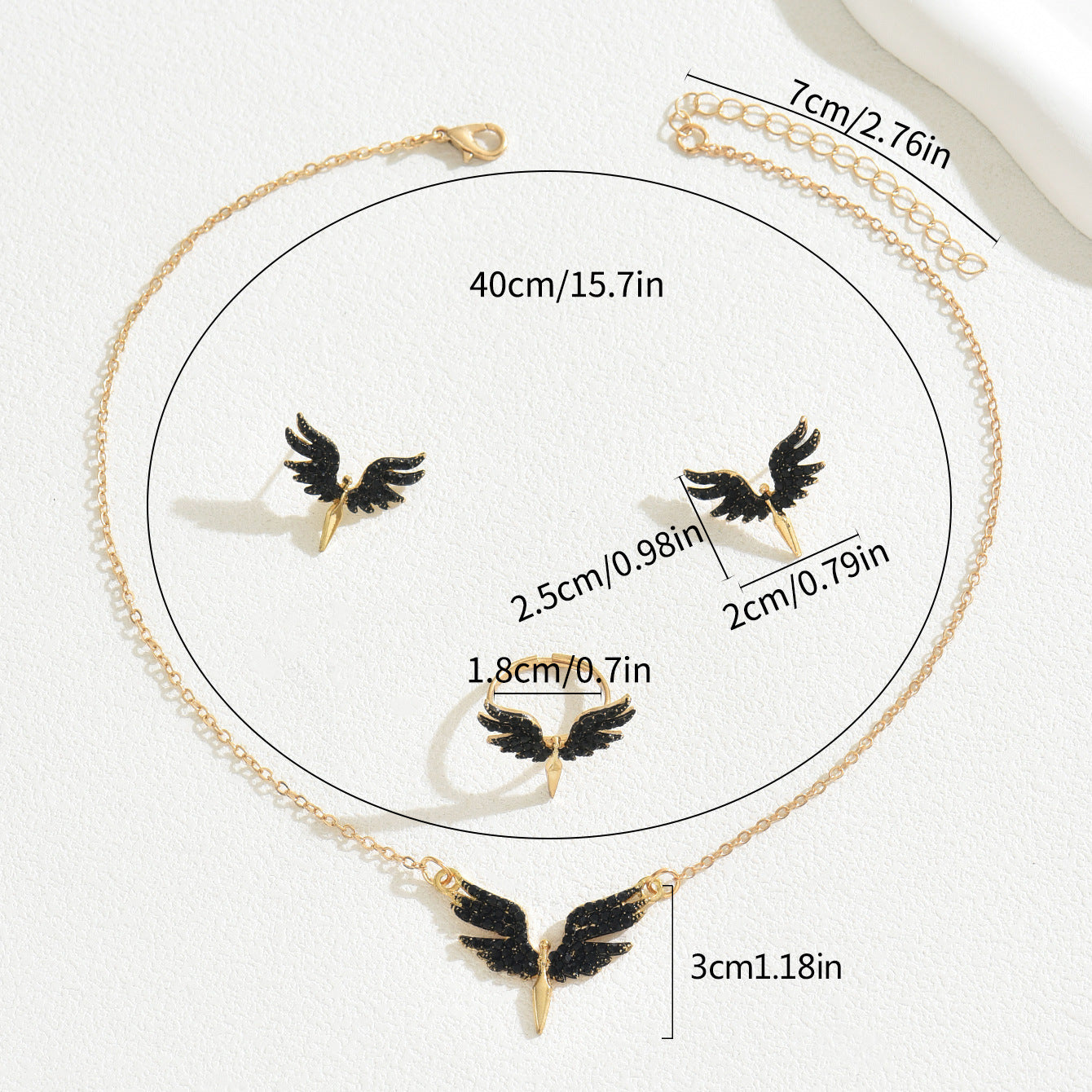 Midnight Wing Trio Set – Necklace, Ring & Earrings Set