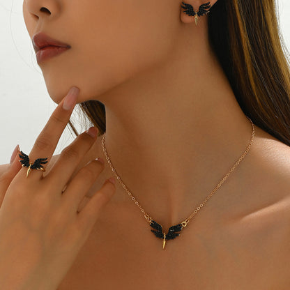 Midnight Wing Trio Set – Necklace, Ring & Earrings Set