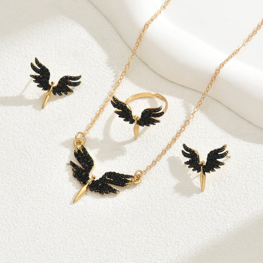 Midnight Wing Trio Set – Necklace, Ring & Earrings Set