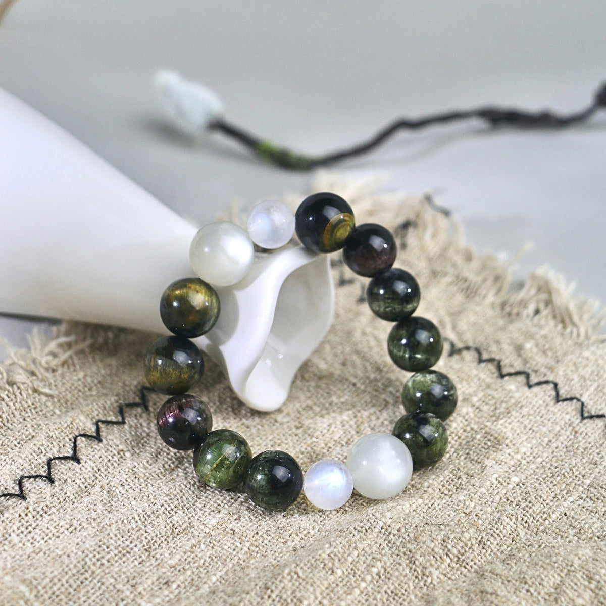 Mistbound Ridge - Cat's Eye Tourmaline, Moonstone & Tiger's Eye Bracelet