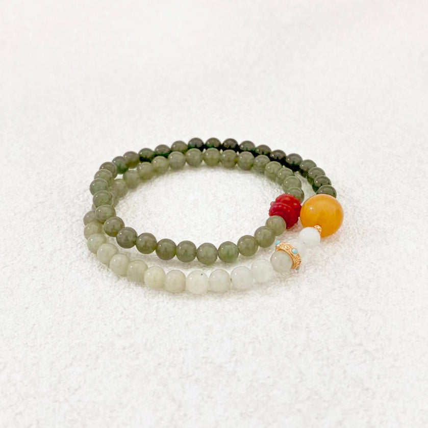 Mist of Jade – Jade, Amber & Red Agate Bracelet