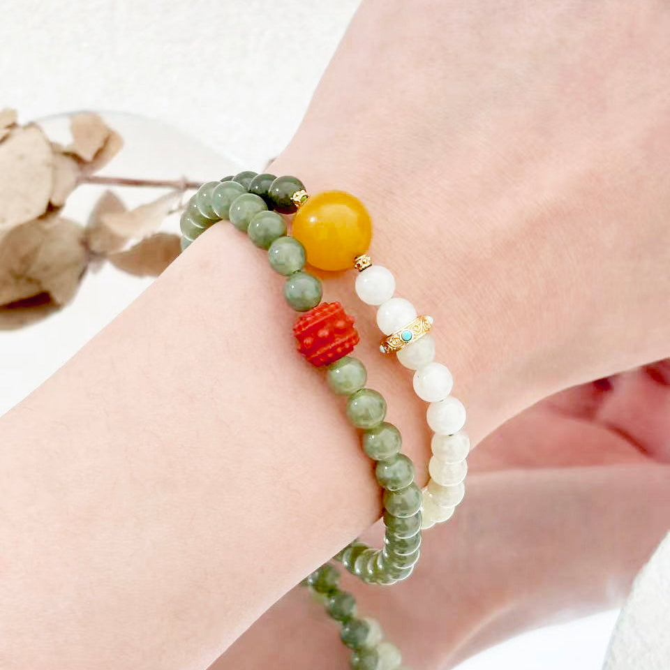 Mist of Jade – Jade, Amber & Red Agate Bracelet