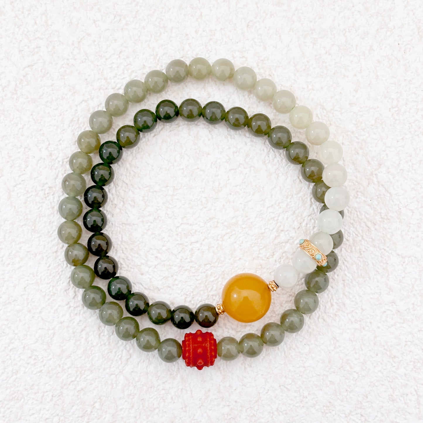 Mist of Jade – Jade, Amber & Red Agate Bracelet