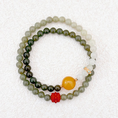 Mist of Jade – Jade, Amber & Red Agate Bracelet