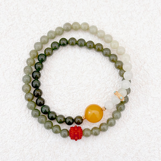 Mist of Jade – Jade, Amber & Red Agate Bracelet