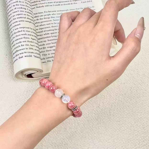 Moonborn Rose – Rhodochrosite × Moonstone × Silver Bracelet