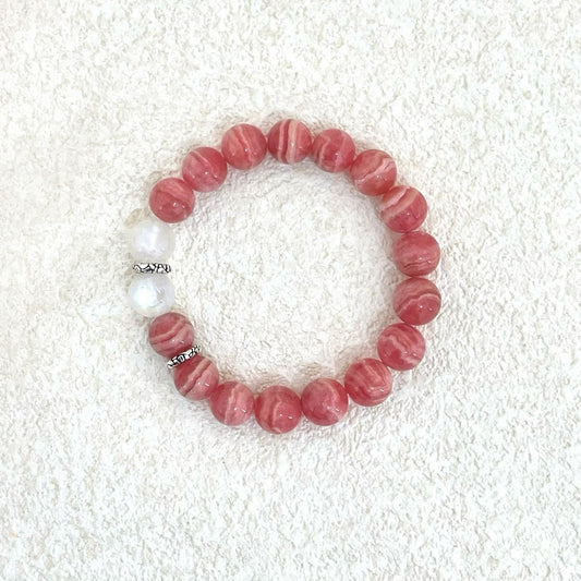 Moonborn Rose – Rhodochrosite × Moonstone × Silver Bracelet