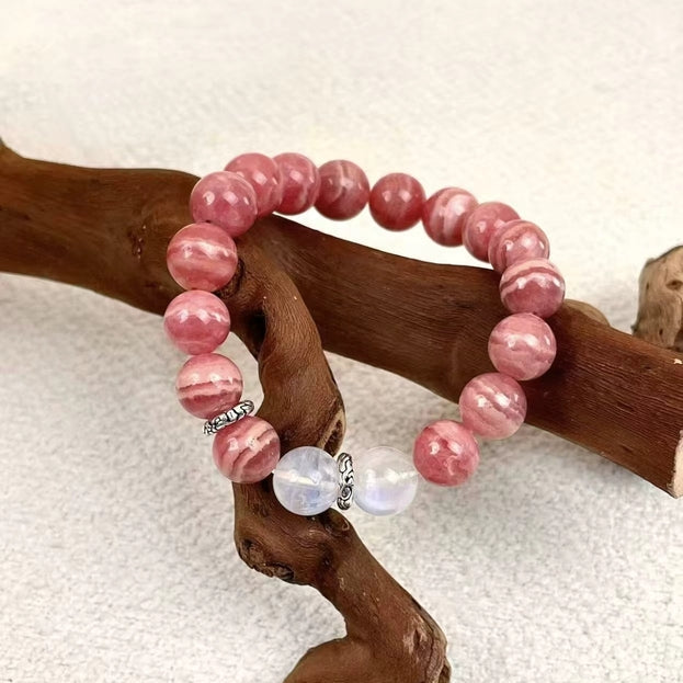 Moonborn Rose – Rhodochrosite × Moonstone × Silver Bracelet
