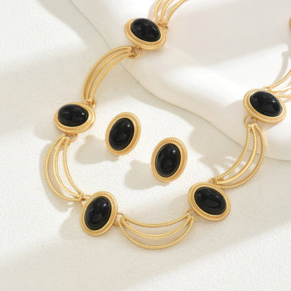 Noir Silk – Vintage Oval Gem Necklace & Earrings Set