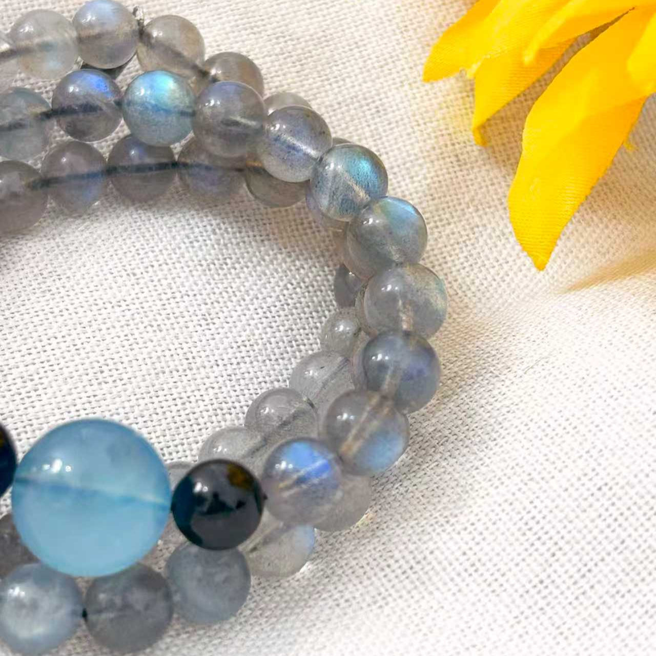 Ocean of Starlight – Labradorite, Aquamarine & Black Tourmaline Bracelet