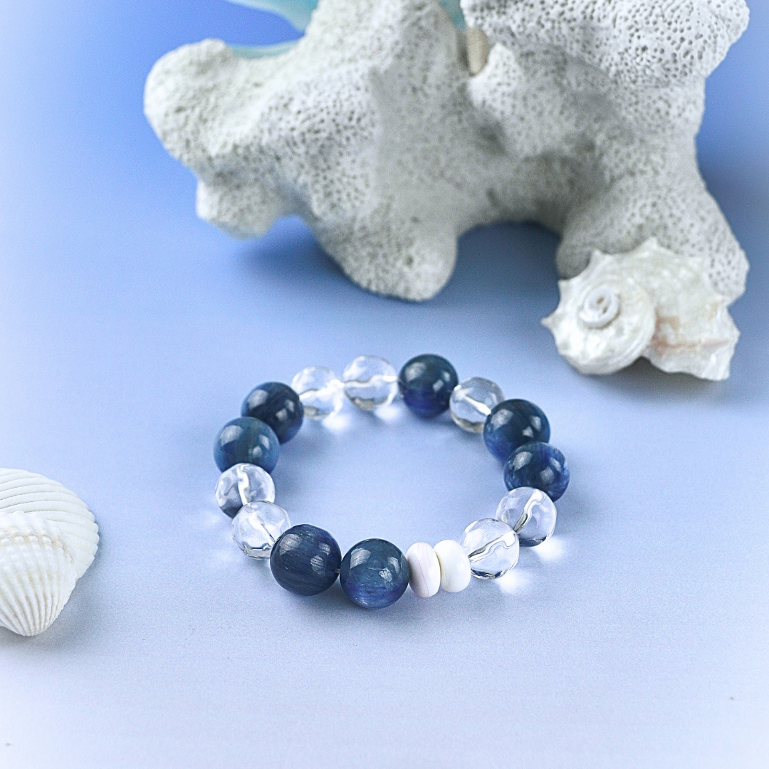 Sea Salt - Faceted Clear Quartz Beads, Kyanite & Shell Bracelet