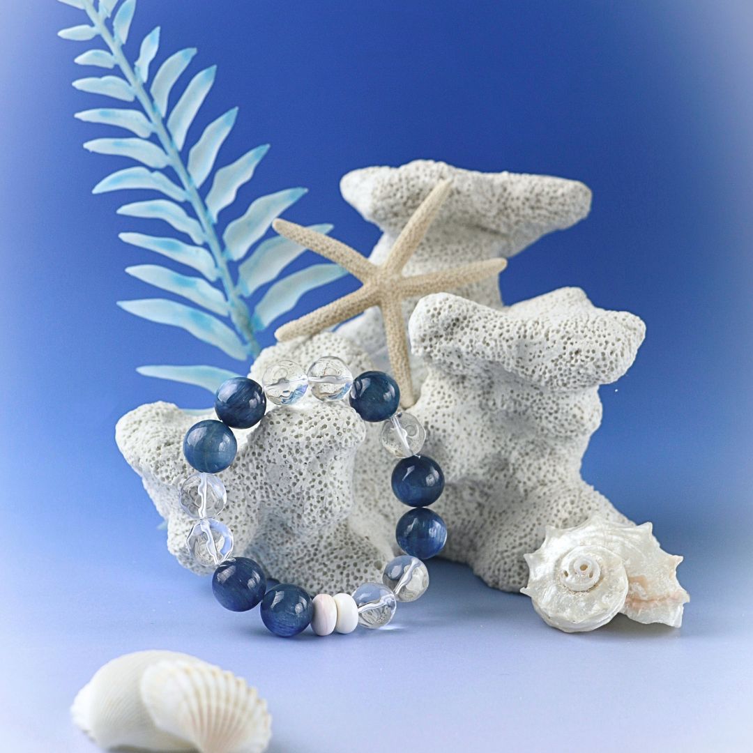 Sea Salt - Faceted Clear Quartz Beads, Kyanite & Shell Bracelet