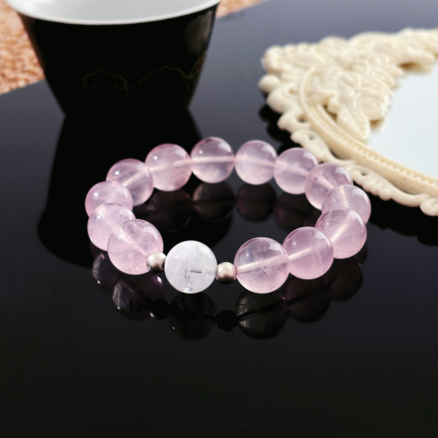 Silent Snow Heart - Rose Quartz & Snowflake Phantom Quartz Bracelet