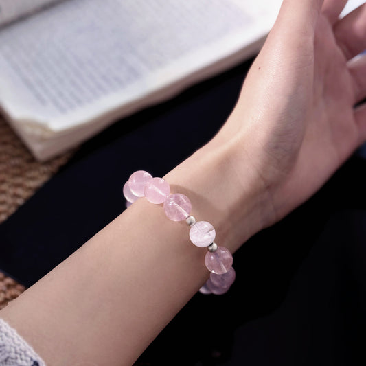 Silent Snow Heart - Rose Quartz & Snowflake Phantom Quartz Bracelet