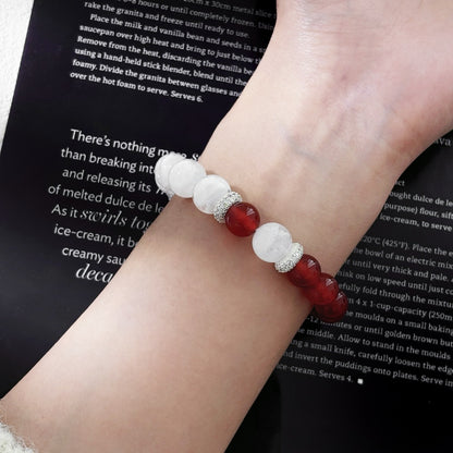 Snow Ember - Red Agate, Snowflake Phantom Quartz & Silver Bracelet