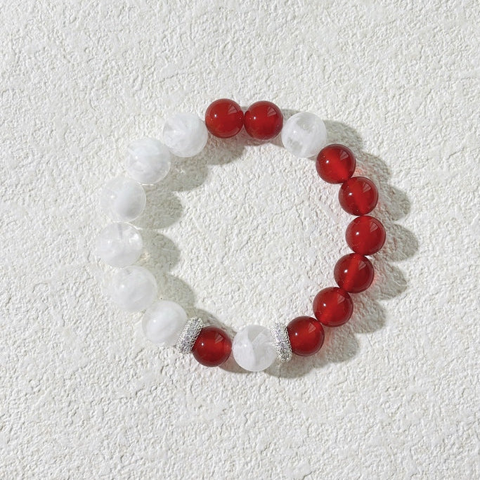 Snow Ember - Red Agate, Snowflake Phantom Quartz & Silver Bracelet