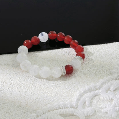 Snow Ember - Red Agate, Snowflake Phantom Quartz & Silver Bracelet