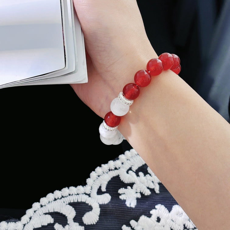 Snow Ember - Red Agate, Snowflake Phantom Quartz & Silver Bracelet