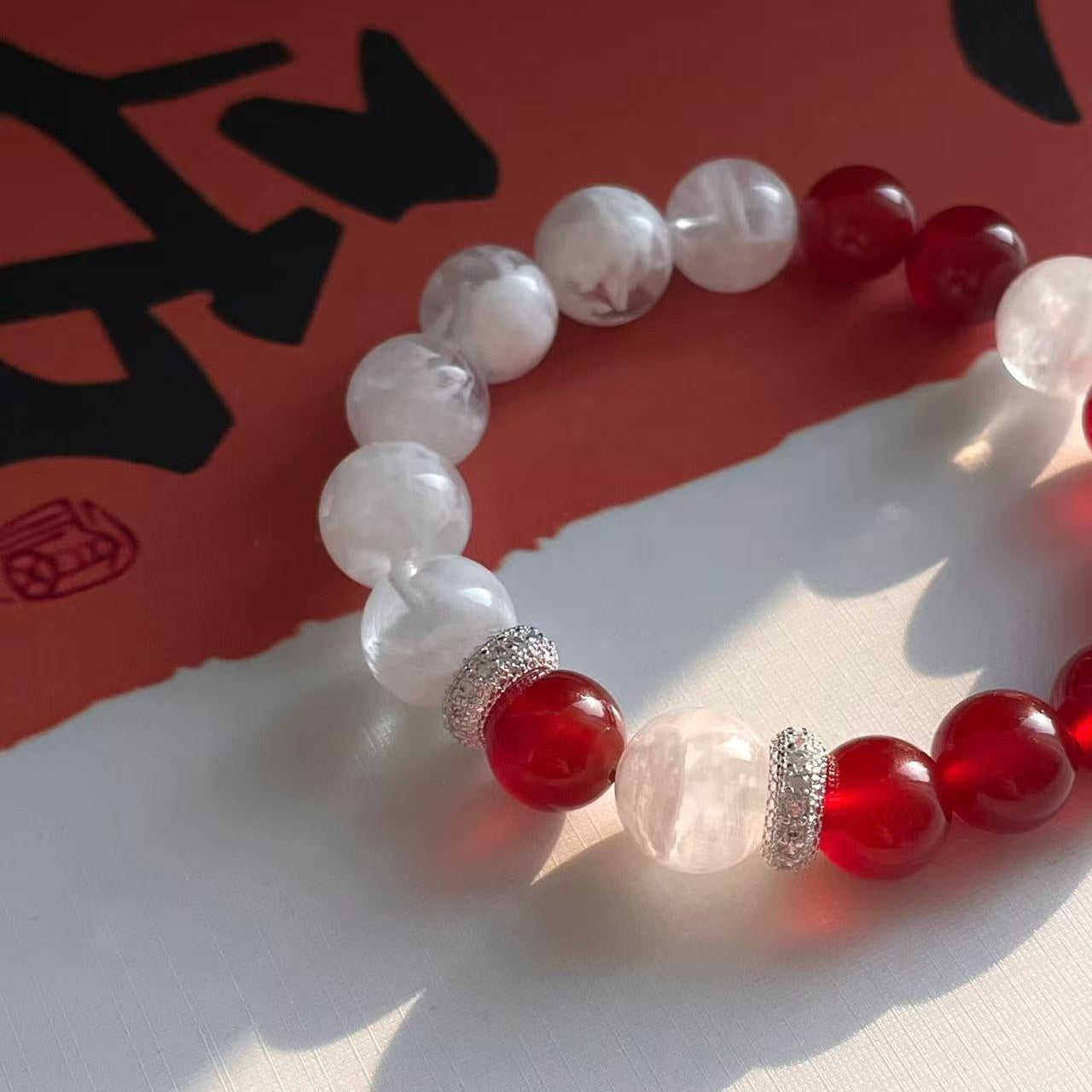 Snow Ember - Red Agate, Snowflake Phantom Quartz & Silver Bracelet