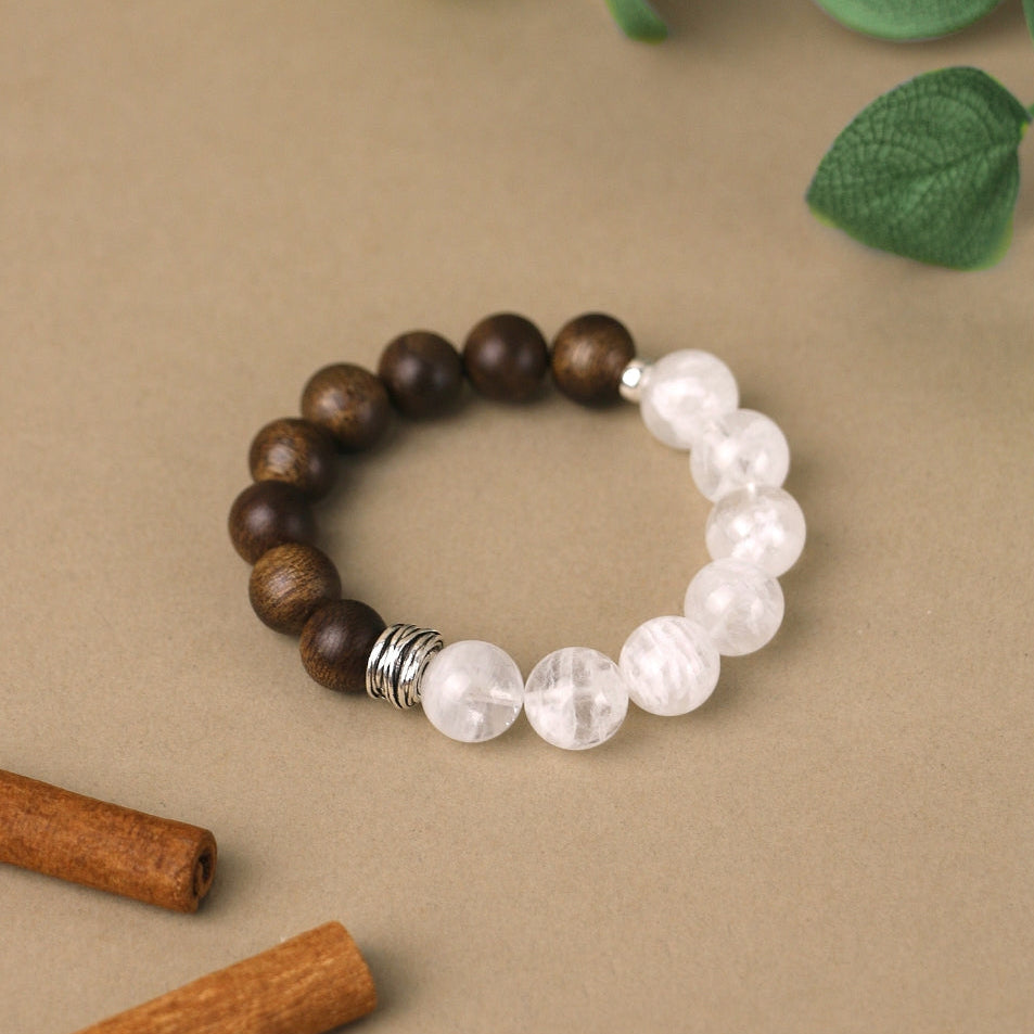 Snowveil Serenity - Snowflake Phantom Quartz & Sandalwood Bracelet