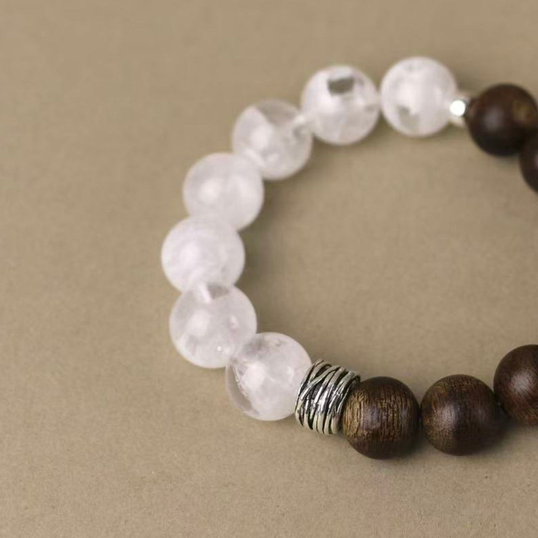 Snowveil Serenity - Snowflake Phantom Quartz & Sandalwood Bracelet