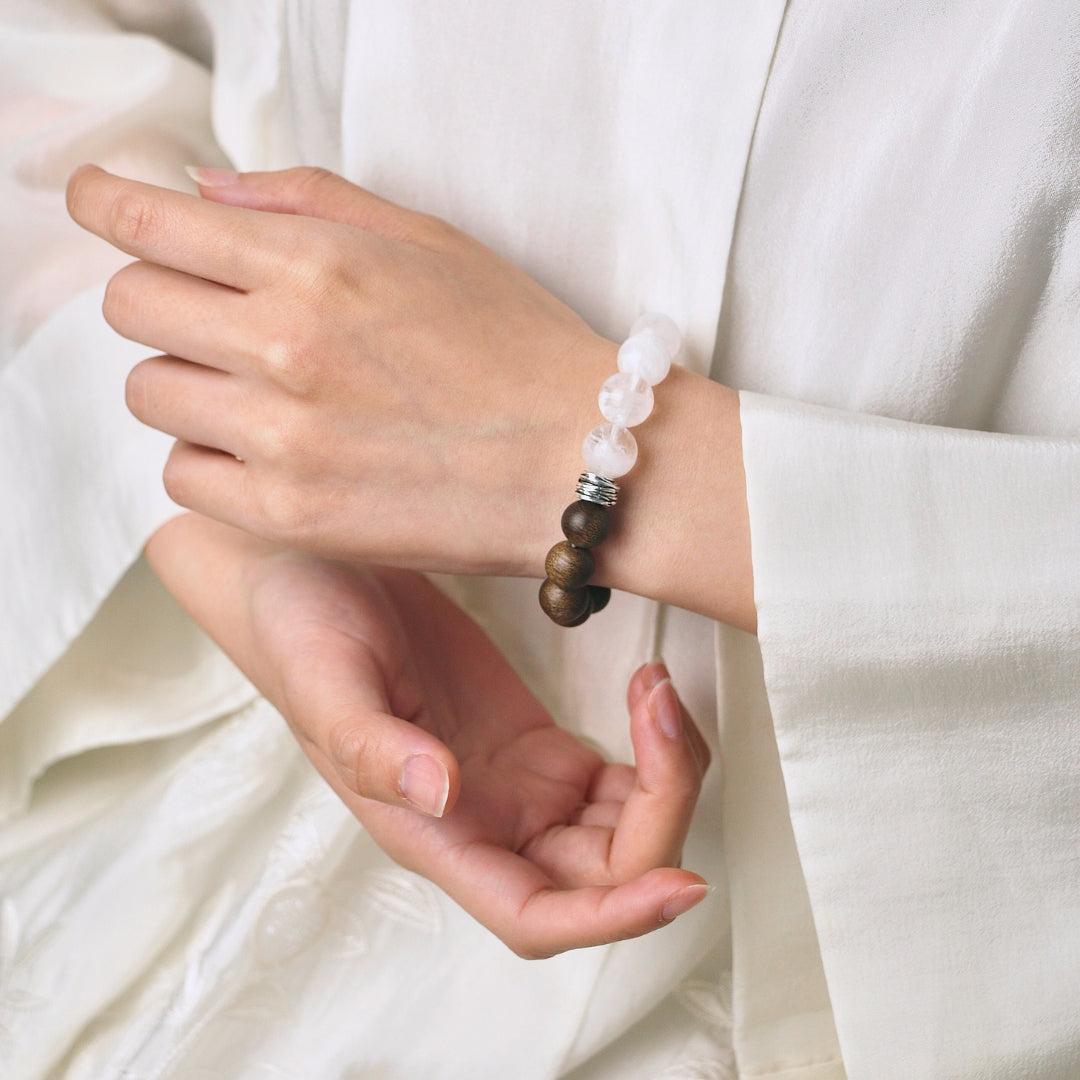 Snowveil Serenity - Snowflake Phantom Quartz & Sandalwood Bracelet